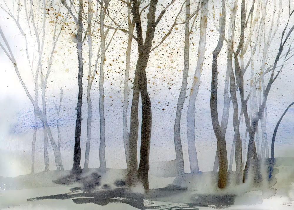 Papier peint mural forêt peinte à l’aquarelle avec arbres nus et brumeuse ambiance