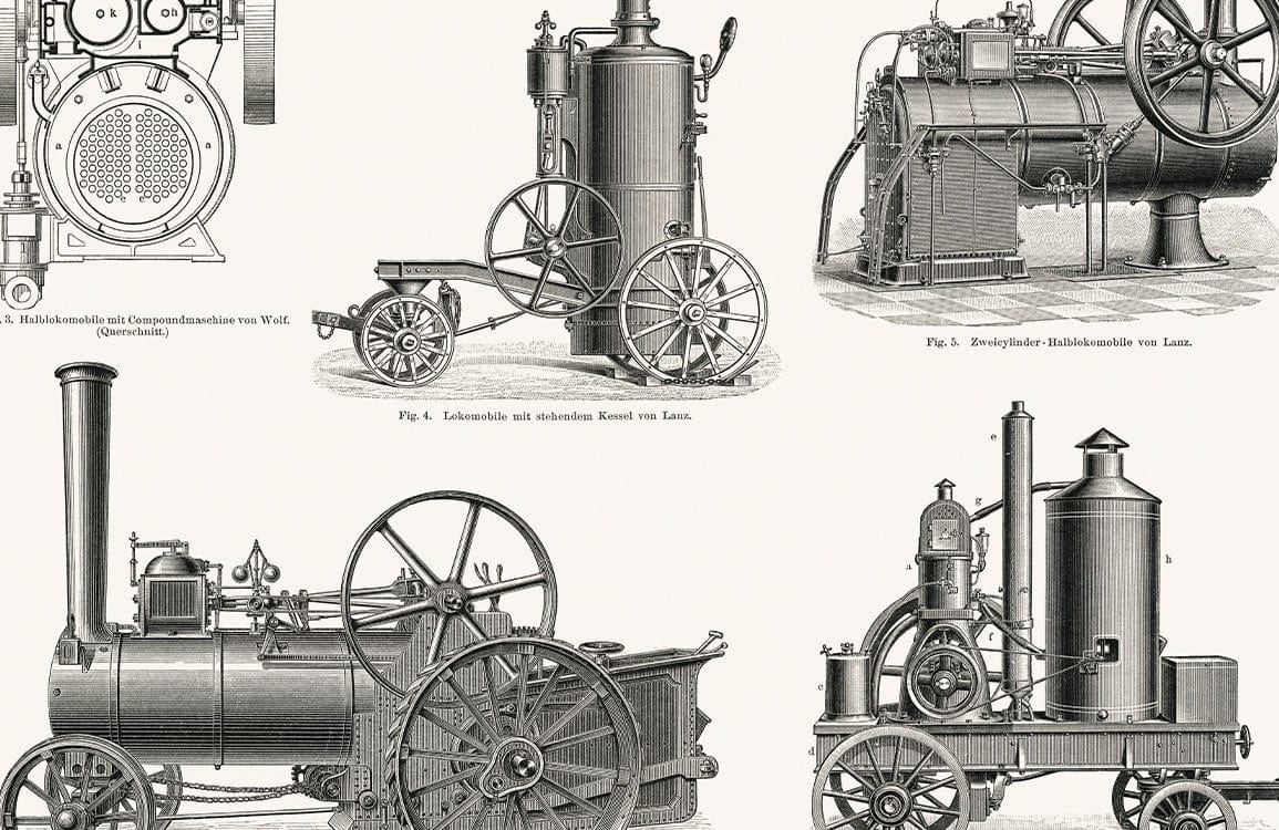 Papier peint mural avec gravures détaillées de locomotives et machines industrielles