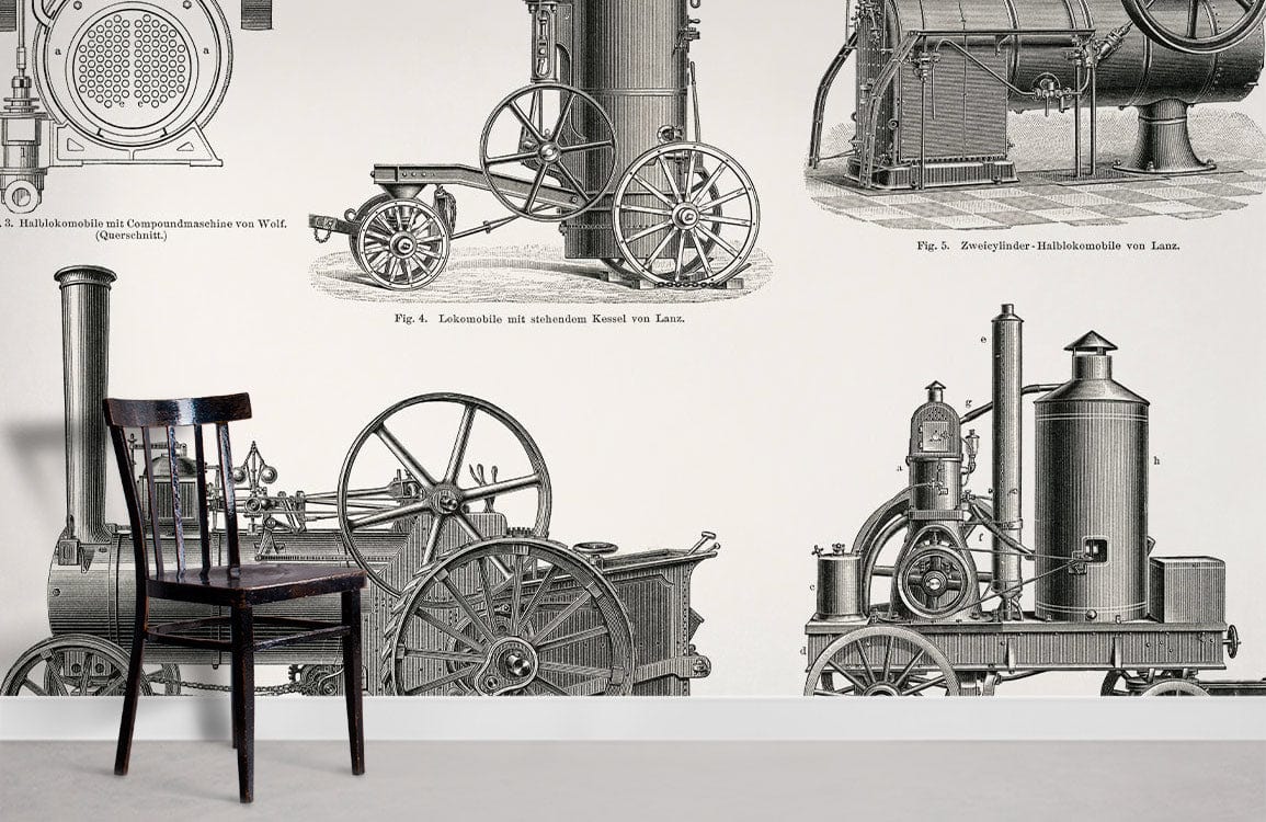 Chaise en bois noir avec dossier à lattes sur papier peint mural de la locomobile