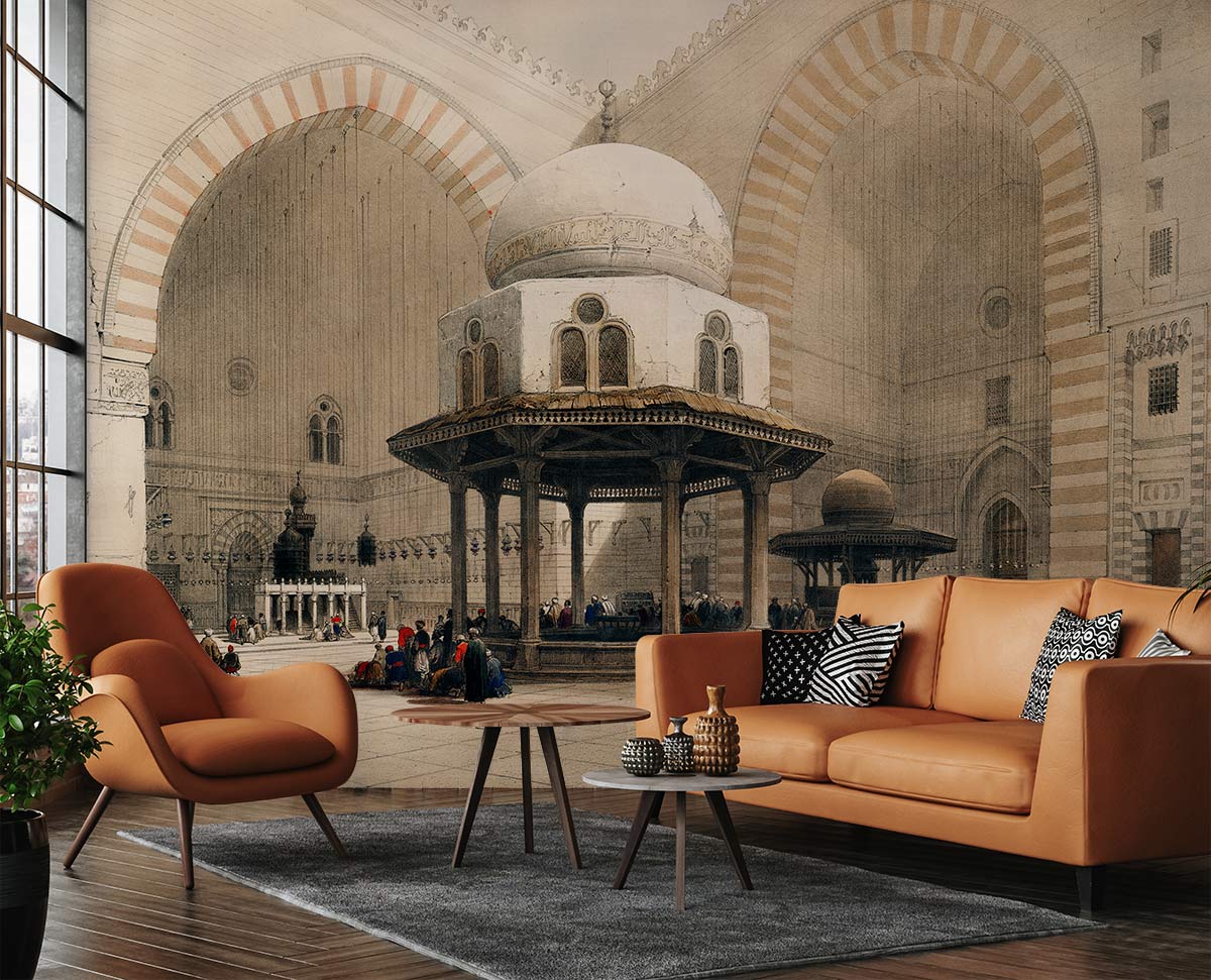 Papier peint mural de la mosquée du Sultan Hassan au Caire dans un salon moderne