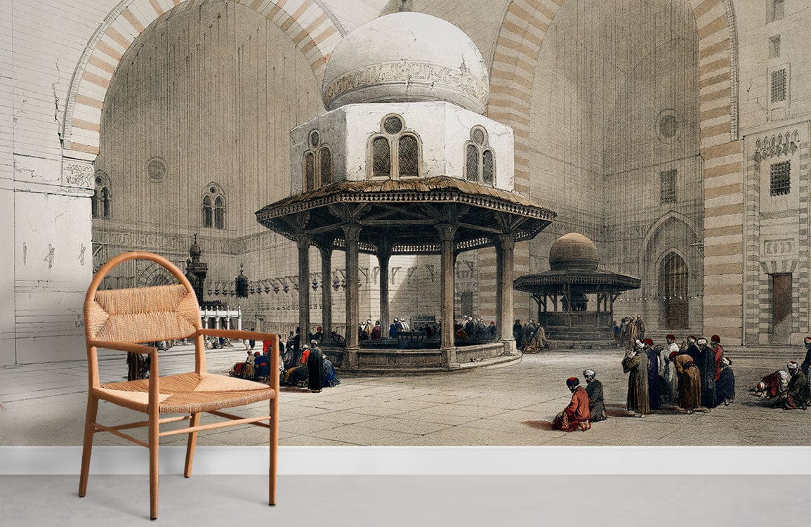 Image d’une chaise en bois clair avec siège en corde, adaptée pour le papier peint mural Sultan Hassan