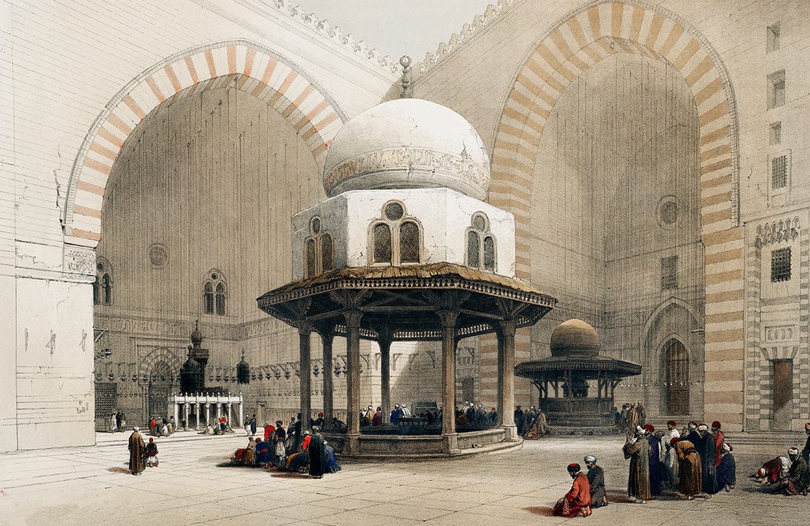 Papier peint mural de la mosquée du Sultan Hassan au Caire avec cour centrale et fidèles