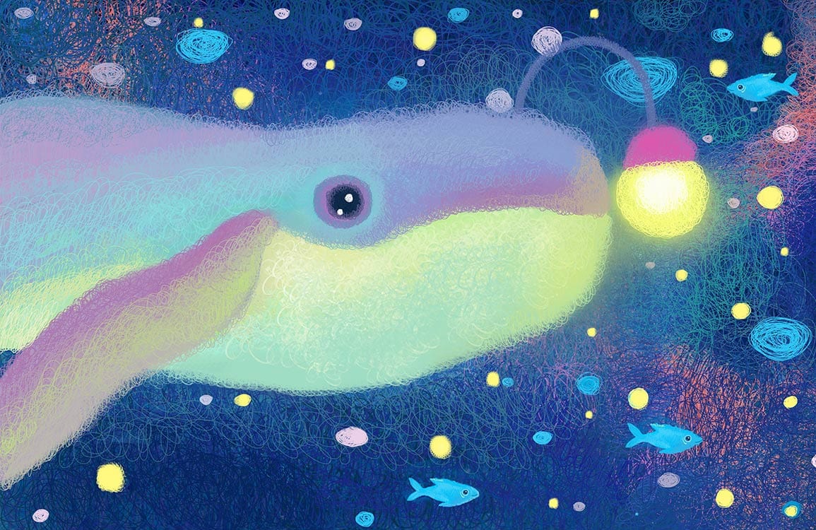 Papier peint mural de lampe baleine colorée et lumineuse avec un leurre d’anguille