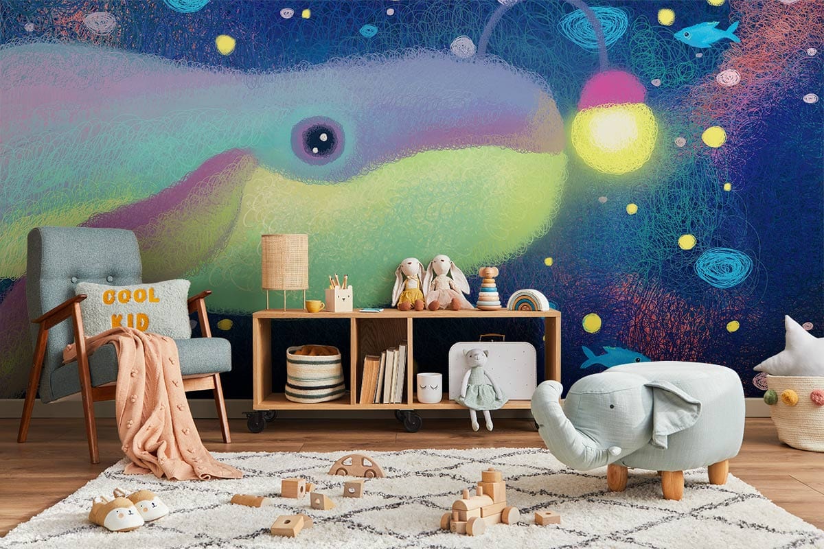 Papier peint mural de Lampe Baleine dans une chambre d’enfants colorée avec murale océanique