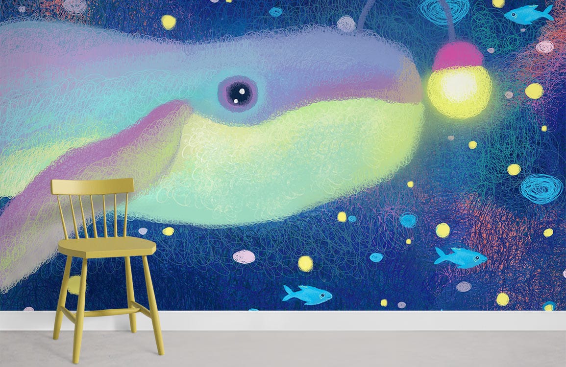 Papier peint mural de lampe baleine avec mur coloré et chaise en bois jaune