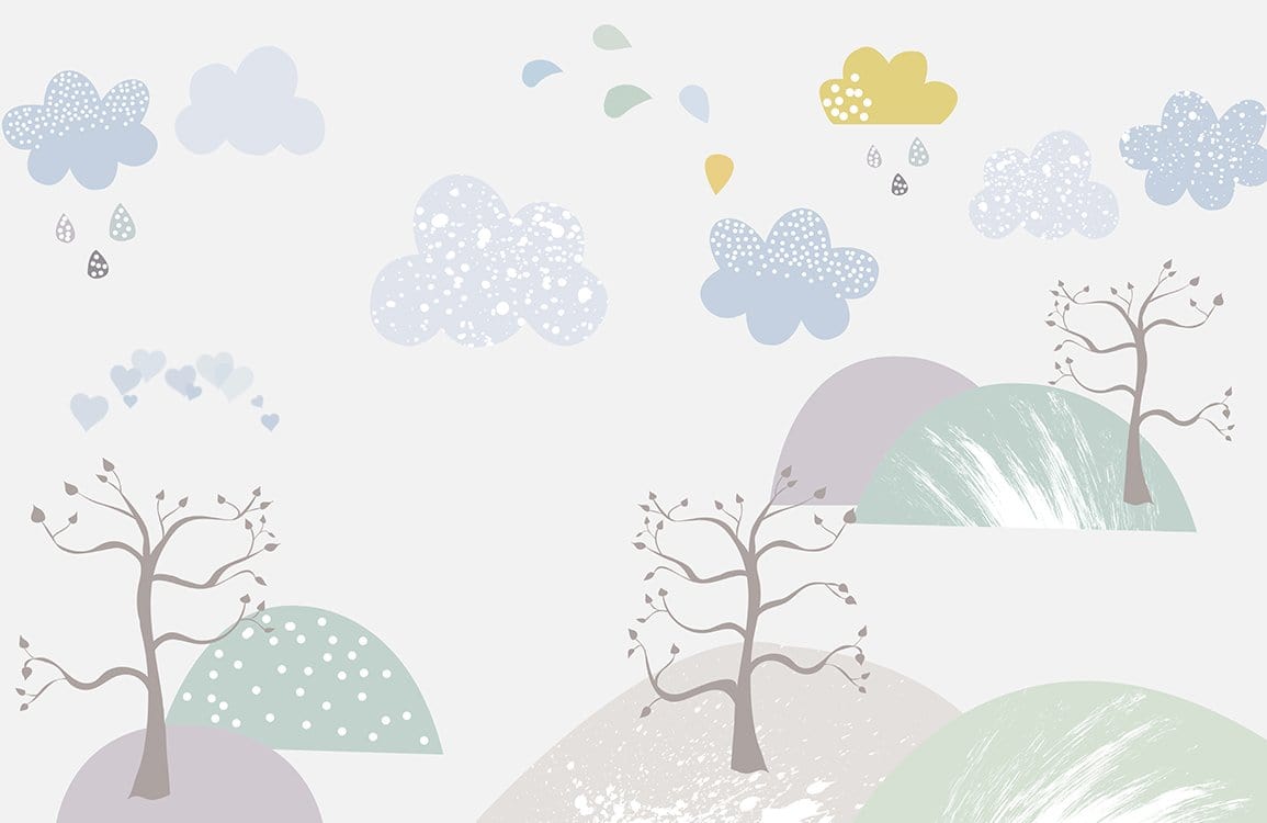 Papier peint mural pastel avec arbres fantaisistes, collines et nuages stylisés avec pluie