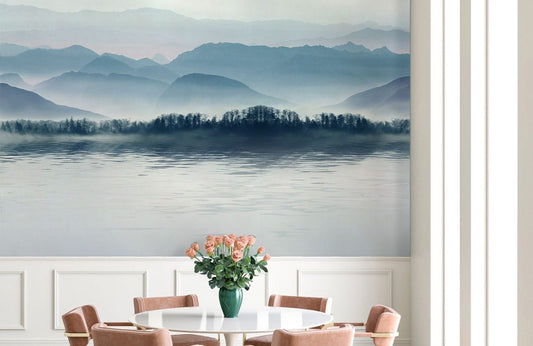 Papier peint mural de montagne au bord du lac dans une salle à manger avec vue scénique