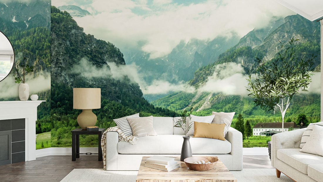 Papier peint mural de nuages en montagne dans un salon avec vue panoramique