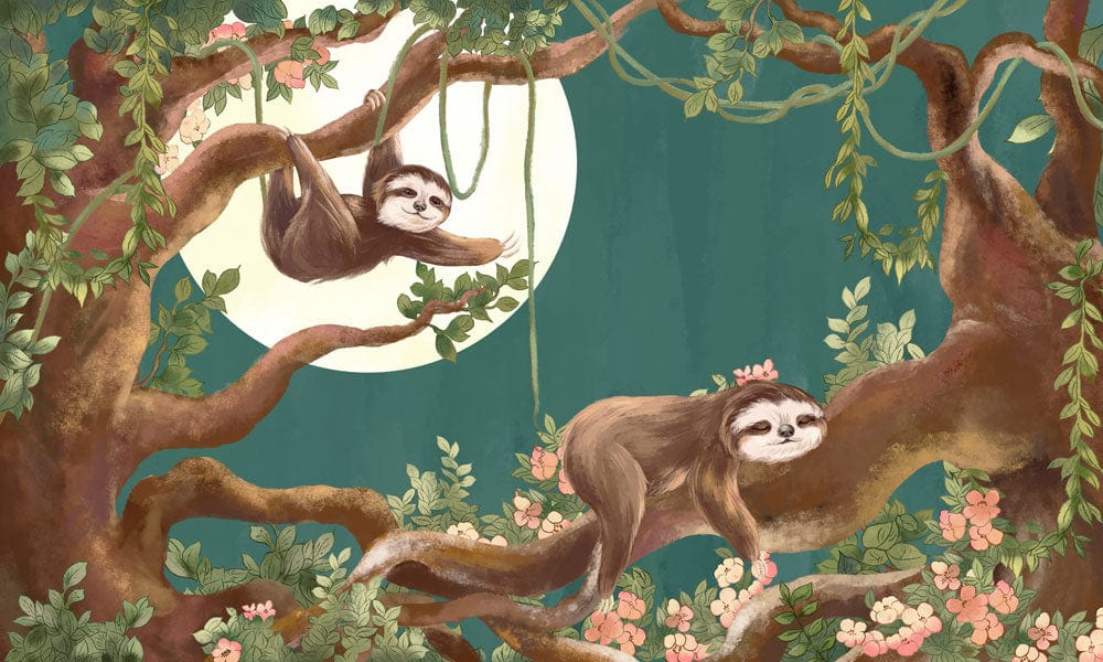 Papier peint mural avec deux paresseux dans une jungle nocturne lumineuse