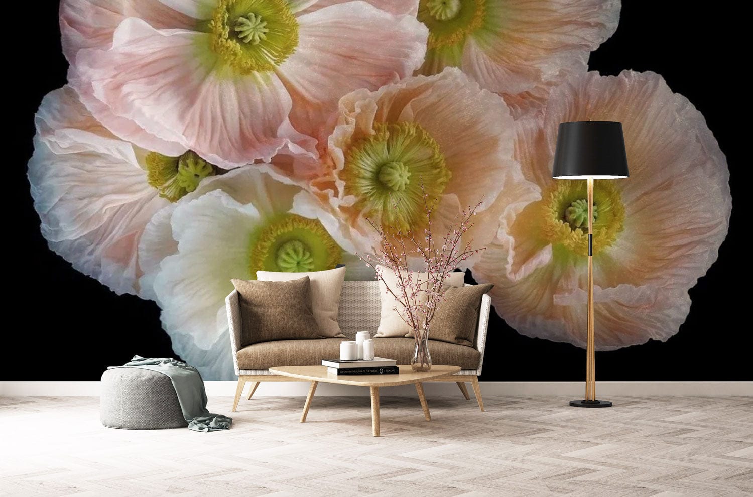 Papier peint mural moderne avec grande fresque florale dans un salon contemporain