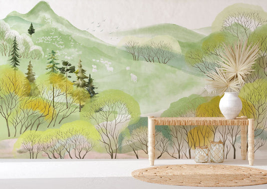 Papier peint mural de paysage à l’aquarelle - Le meilleur Papier peint panoramique Sur mesure