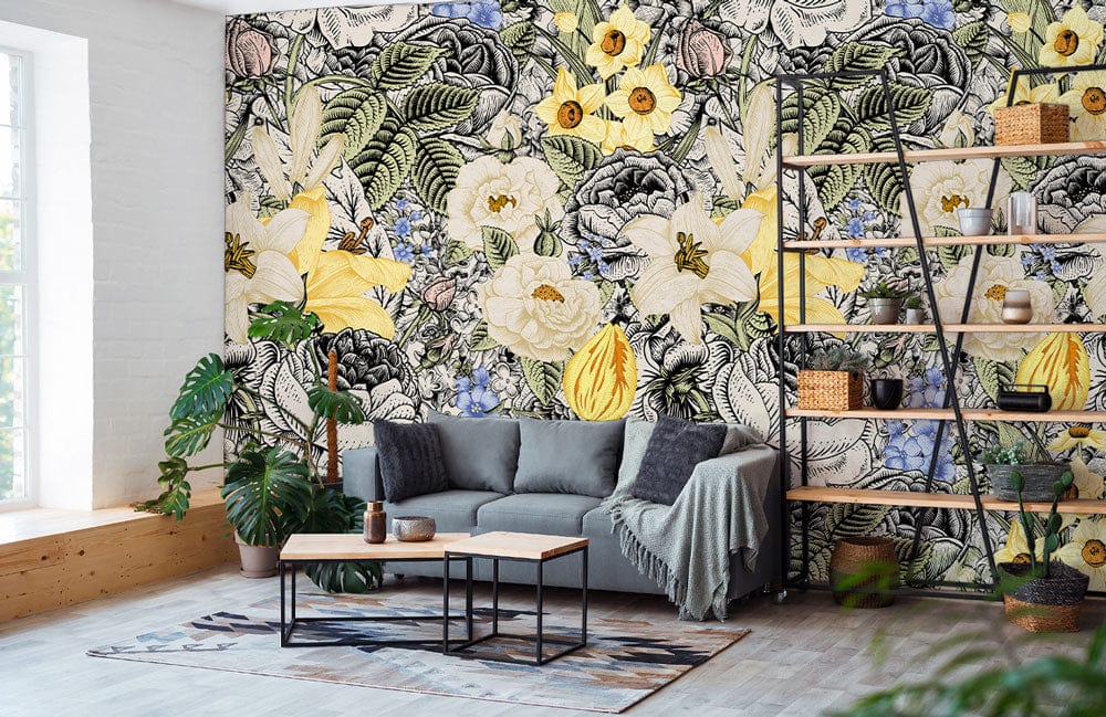 Photo d’un salon avec un papier peint mural peinture florale vintage et mobilier moderne
