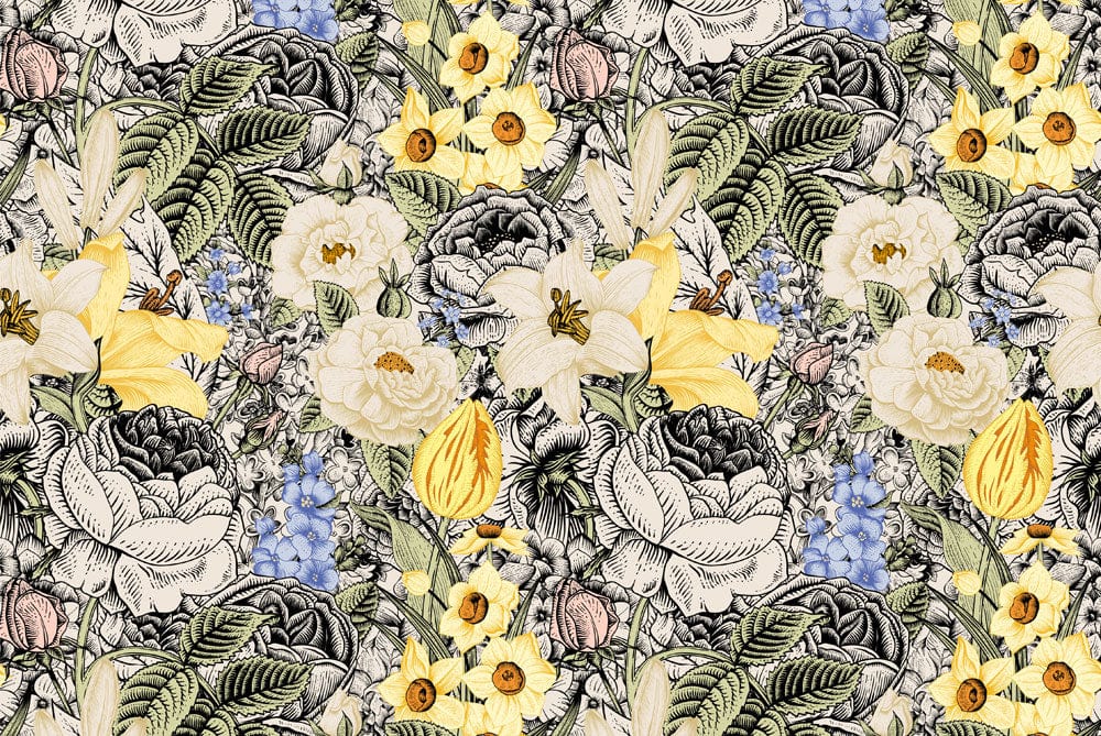 Papier peint mural de peinture florale vintage avec fleurs jaunes, blanches, bleues et feuilles vertes