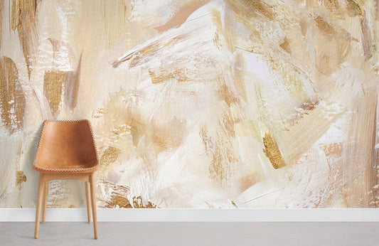 Papier peint panoramique abstrait or et blanc avec fauteuil en cuir, idéal pour papiers peints sur mesure