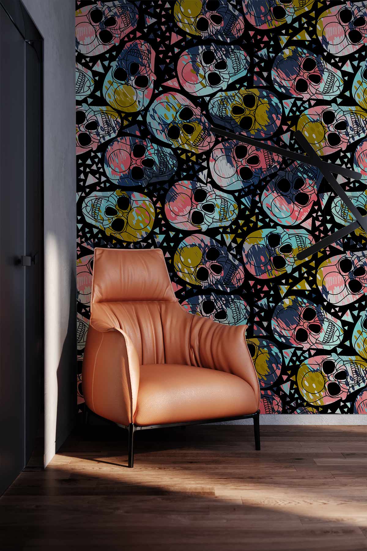 Papier peint mural avec fauteuil en cuir tan et pieds en métal noir pour décoration intérieure