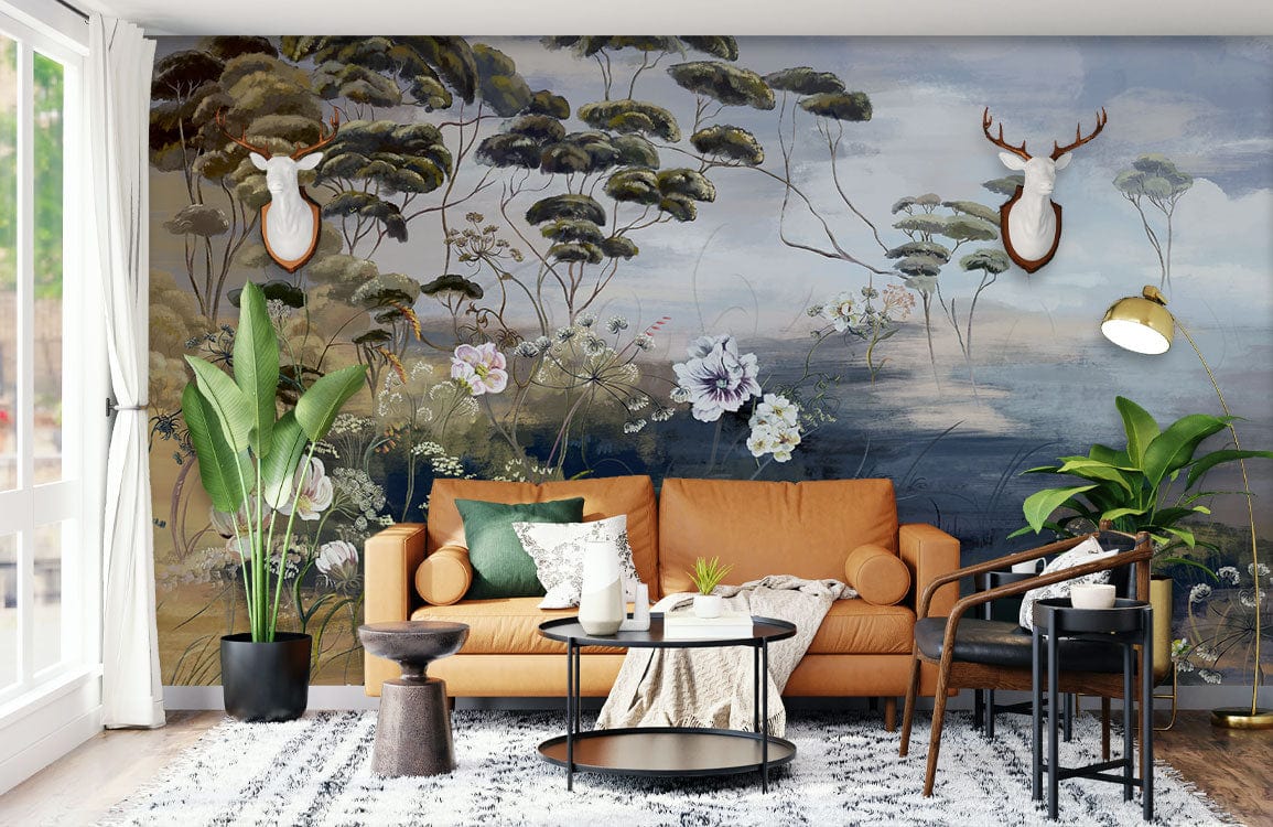 Papier peint mural de peintures classiques de plantes dans un salon avec canapé marron