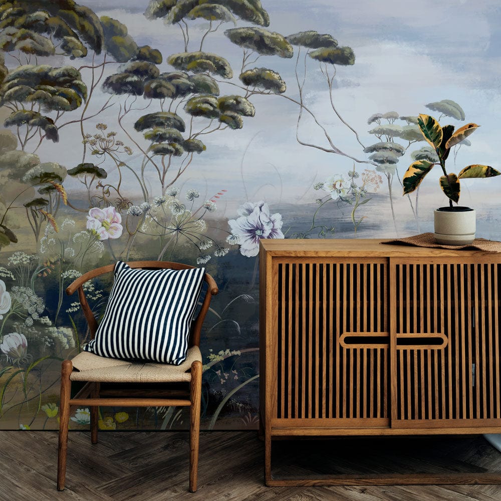 Alt texte pour un papier peint mural de peintures classiques de plantes avec un meuble en bois