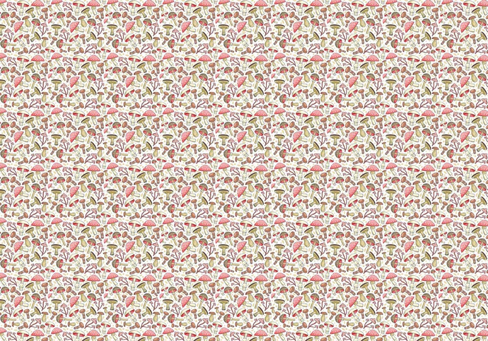 Papier peint mural de petits champignons en rose, vert et marron sur fond clair