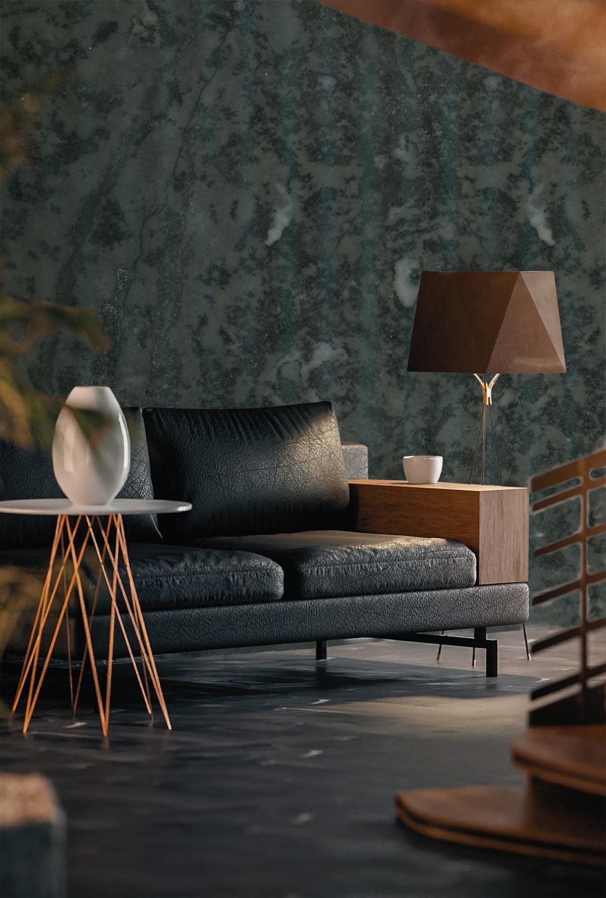Papier peint mural de pierres qui s’effritent verticalement avec sofa en cuir noir
