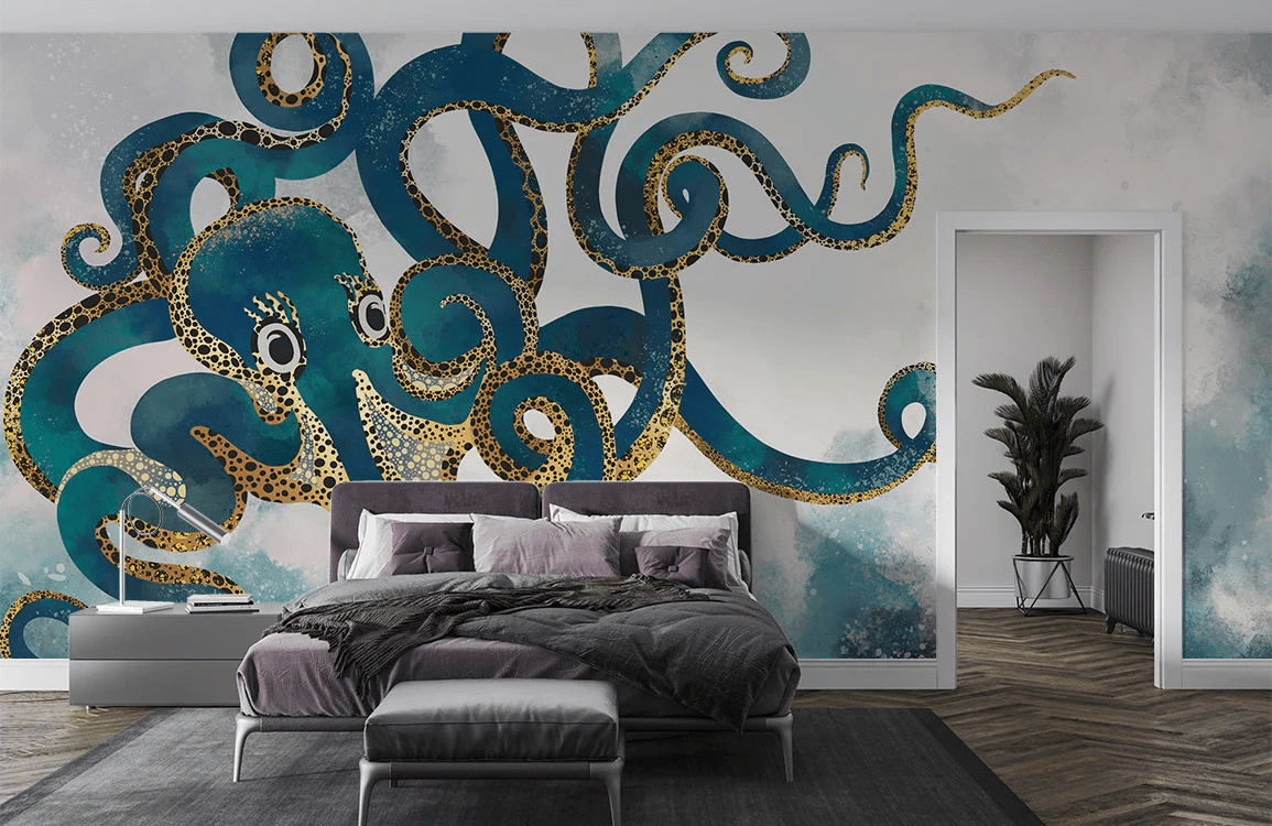 Papier peint mural de pieuvre géante dans une chambre moderne pour une déco originale