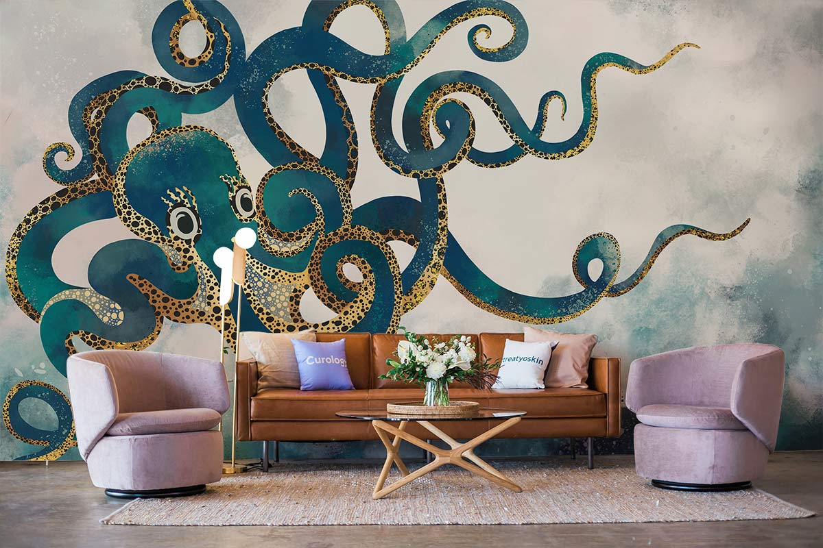 Papier peint mural avec canapé en cuir marron et coussins clairs pour salon élégant