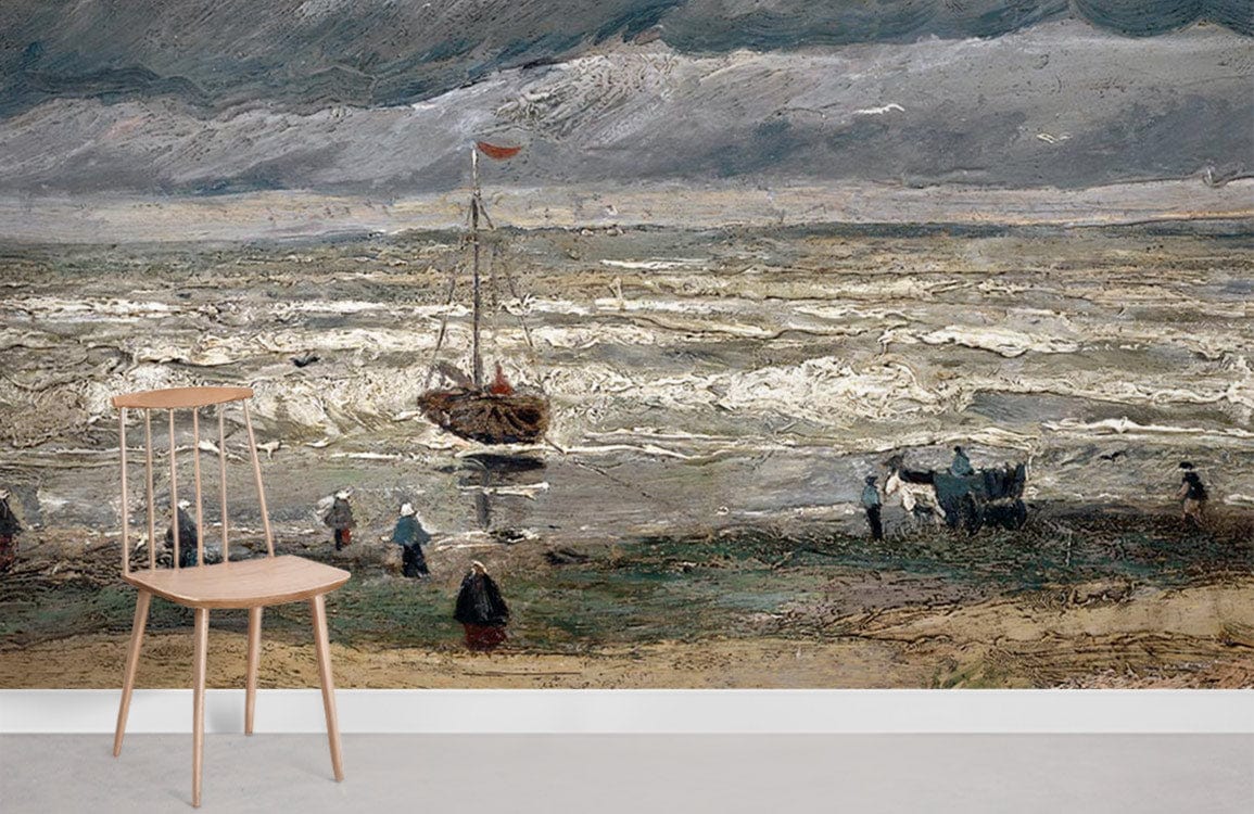 Chaise de salle à manger en bois clair avec dossier à lattes, idéale pour papier peint mural de plage orageuse