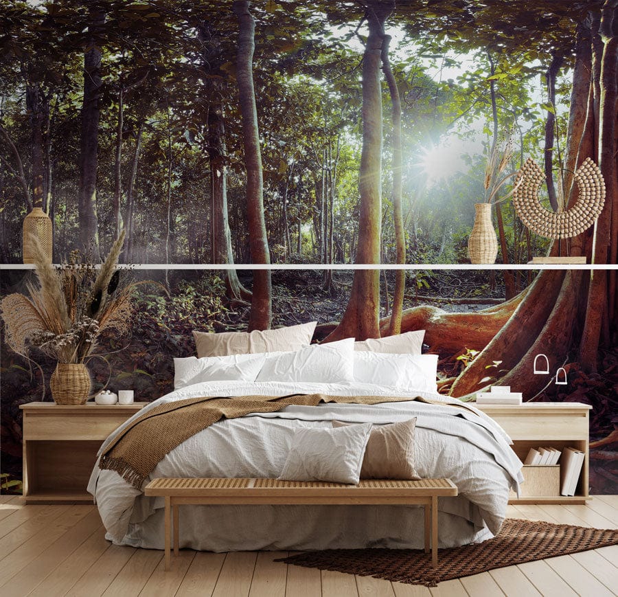 Papier peint mural de plantation forestière dans une chambre cosy avec mobilier en bois clair