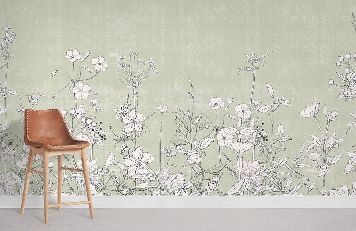 Papier peint mural de plantes pâles avec motif floral noir et blanc, décoration intérieure