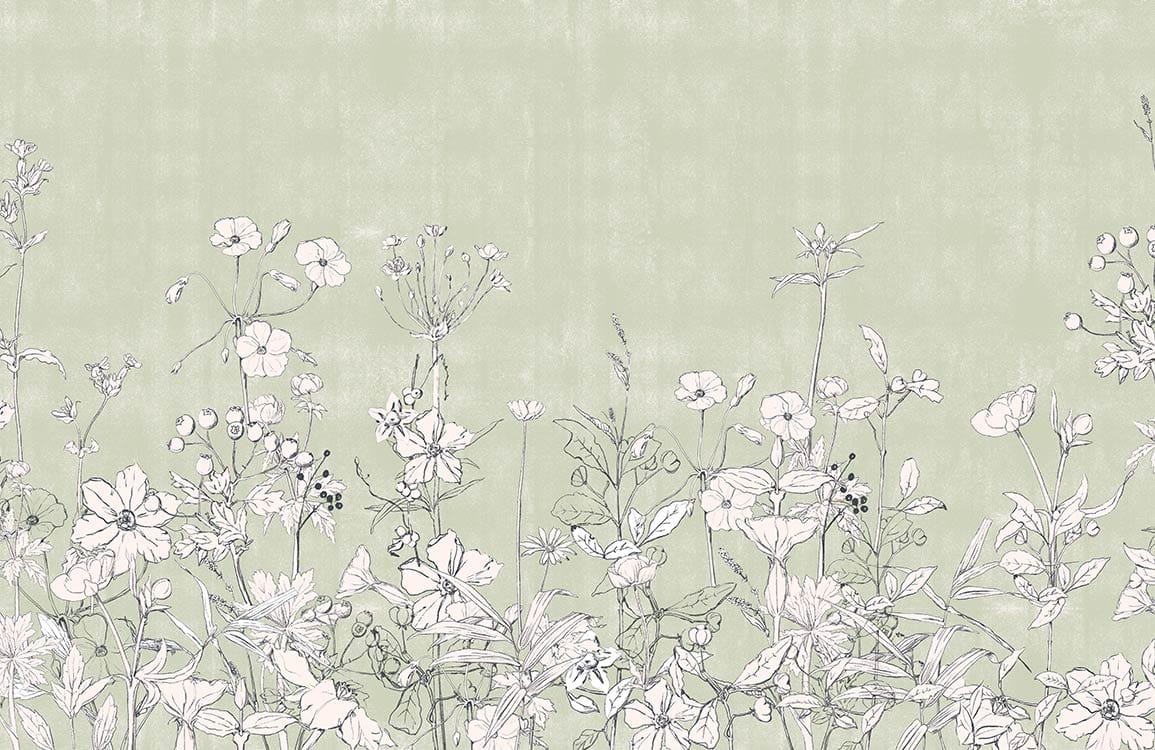 Papier peint mural avec motif floral délicat sur fond vert doux, Papier Peint Mural de Plantes Pâles