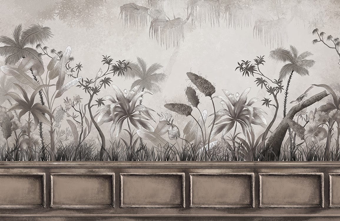 Papier peint mural tropical monochromatique avec effet de boiserie décorative