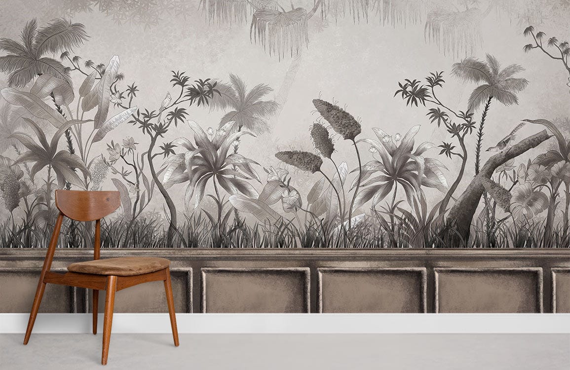 Chaise en bois avec siège rembourré beige, idéal pour un papier peint mural nature