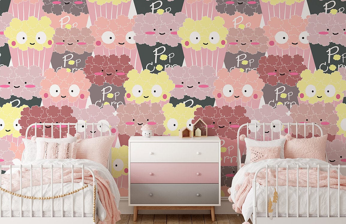 Papier peint mural de pop-corn sucré dans une chambre de filles avec lits et commode