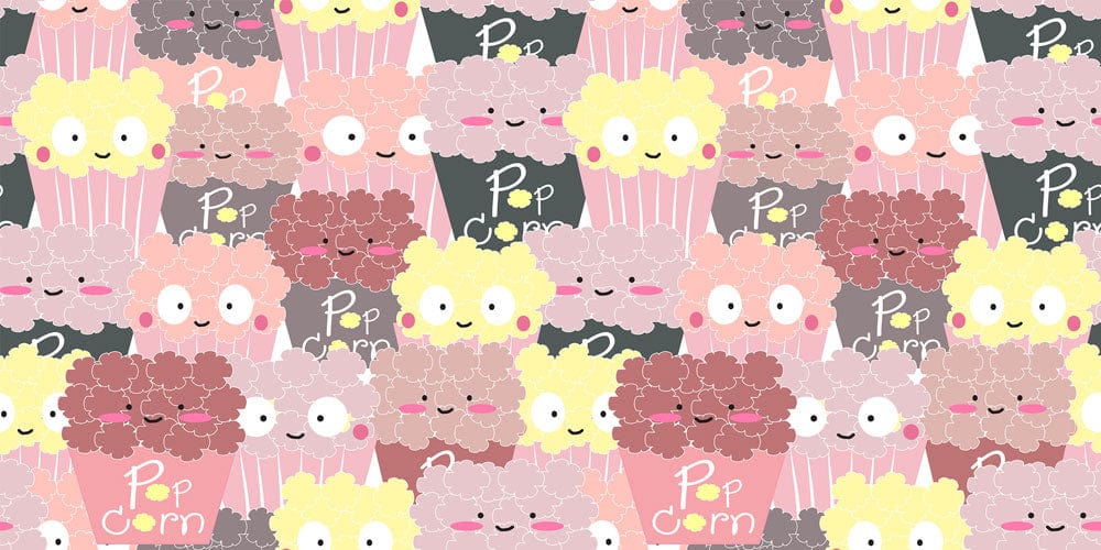 Papier peint mural de pop-corn sucré avec des seaux colorés et souriants, décor amusant