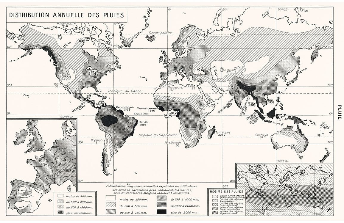 Papier peint mural vintage français illustrant la répartition annuelle des précipitations