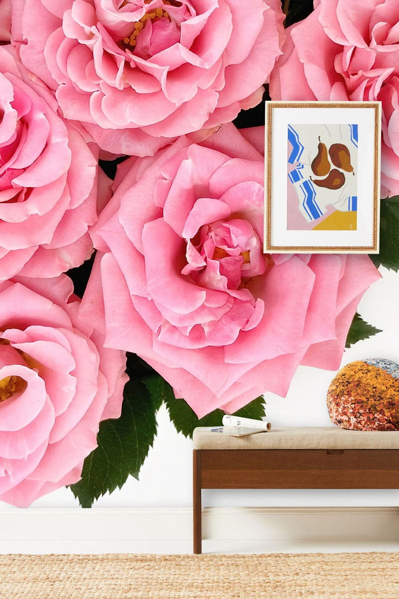 Papier peint mural floral rose bébé avec cadre, décoration murale romantique