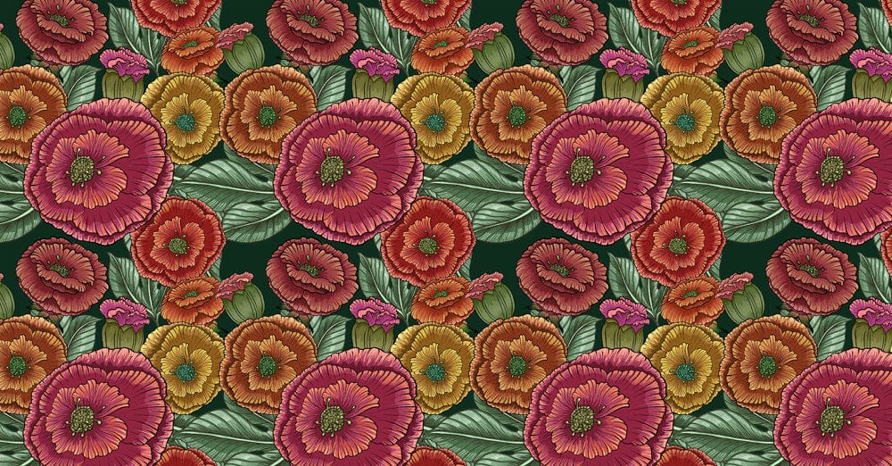 Papier peint mural de roses trémières avec fleurs rouges, orange, jaunes et feuilles vertes