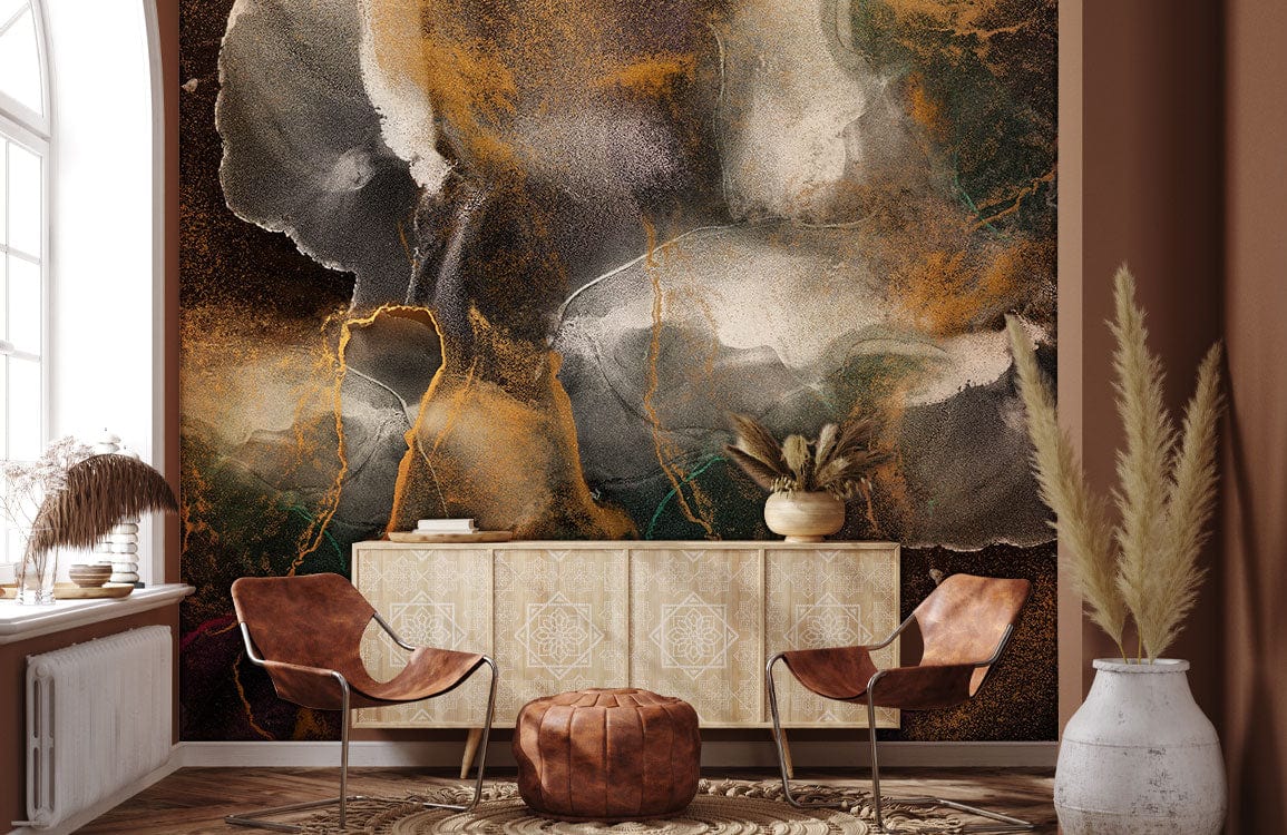 Papier peint mural sable flottant avec mur abstrait en or, gris et vert foncé