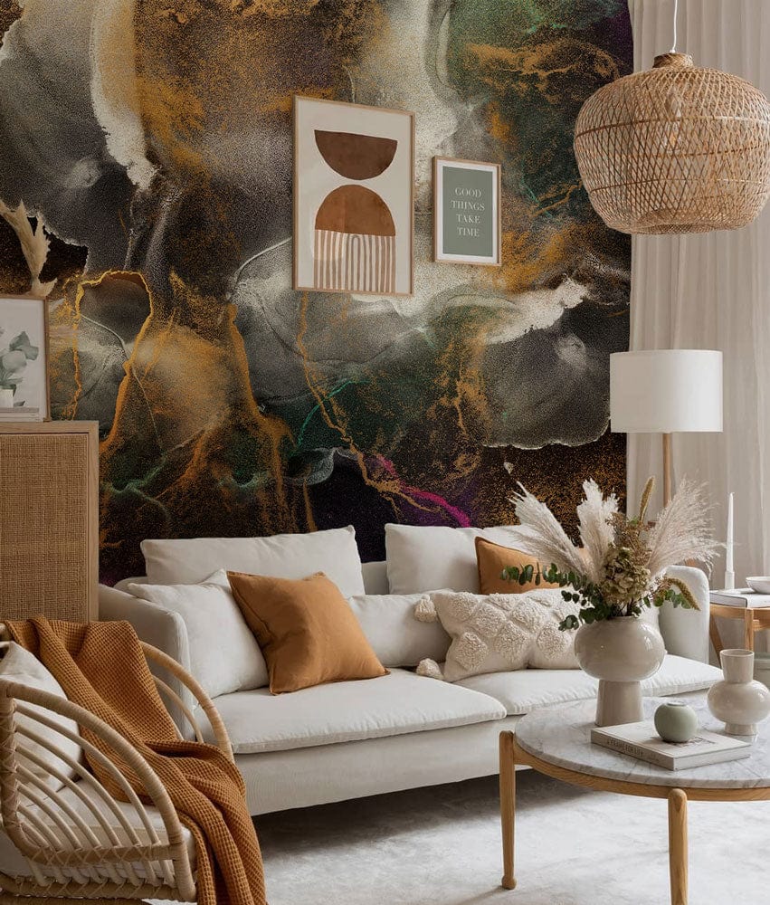 Papier peint mural sable flottant dans un salon moderne avec déco minimaliste et couleurs élégantes