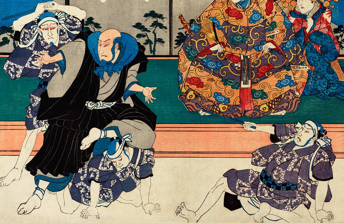 Papier peint mural japonais ukiyo-e représentant une scène dramatique avec figures traditionnelles