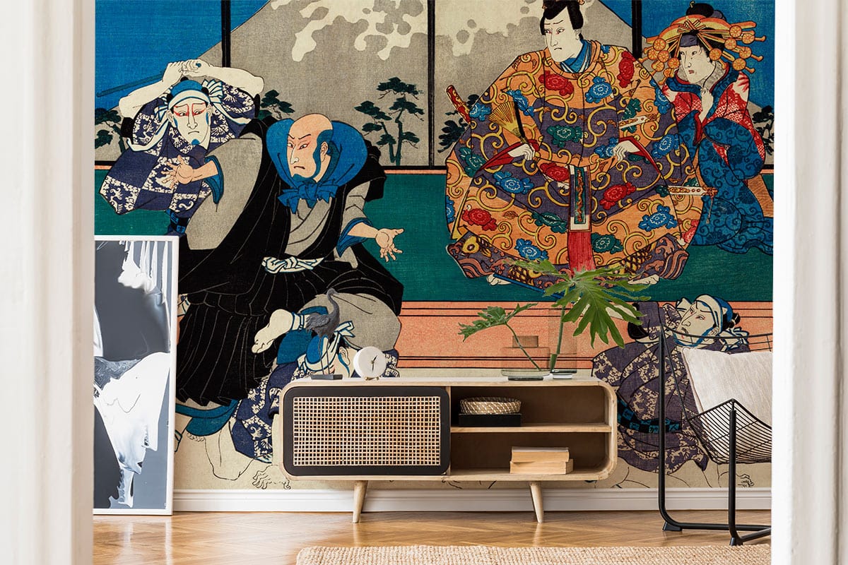 Media console en bois clair et cannage avec papier peint mural de Sato Norikiyo