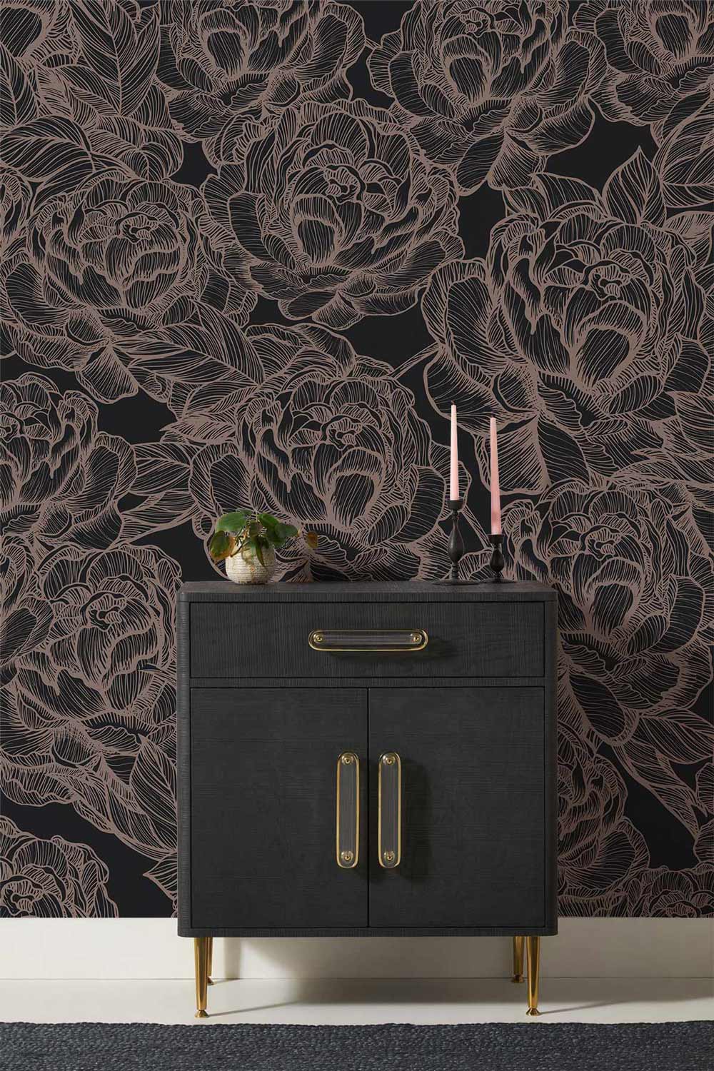 Papier peint mural de sculpture de rose en pierre avec meuble gris foncé et détails dorés