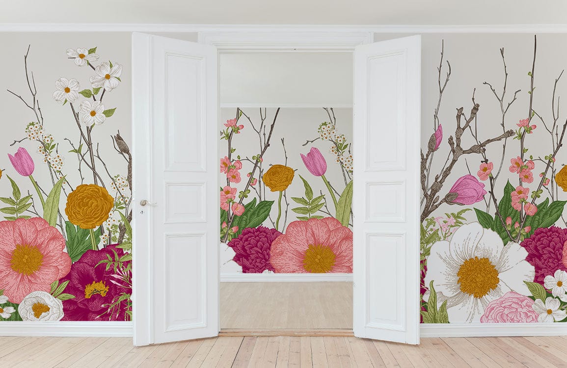 Image d’une pièce avec papier peint mural floral pour Papier Peint Mural de Floraison Colorée