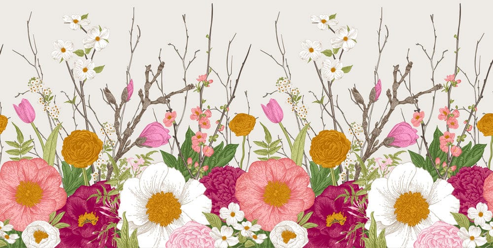 Papier peint mural floral coloré avec fleurs roses, blanches, oranges et feuillage vert