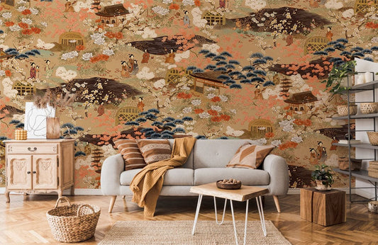 Papier peint mural style japonais vintage avec paysage japonais vintage dans le salon