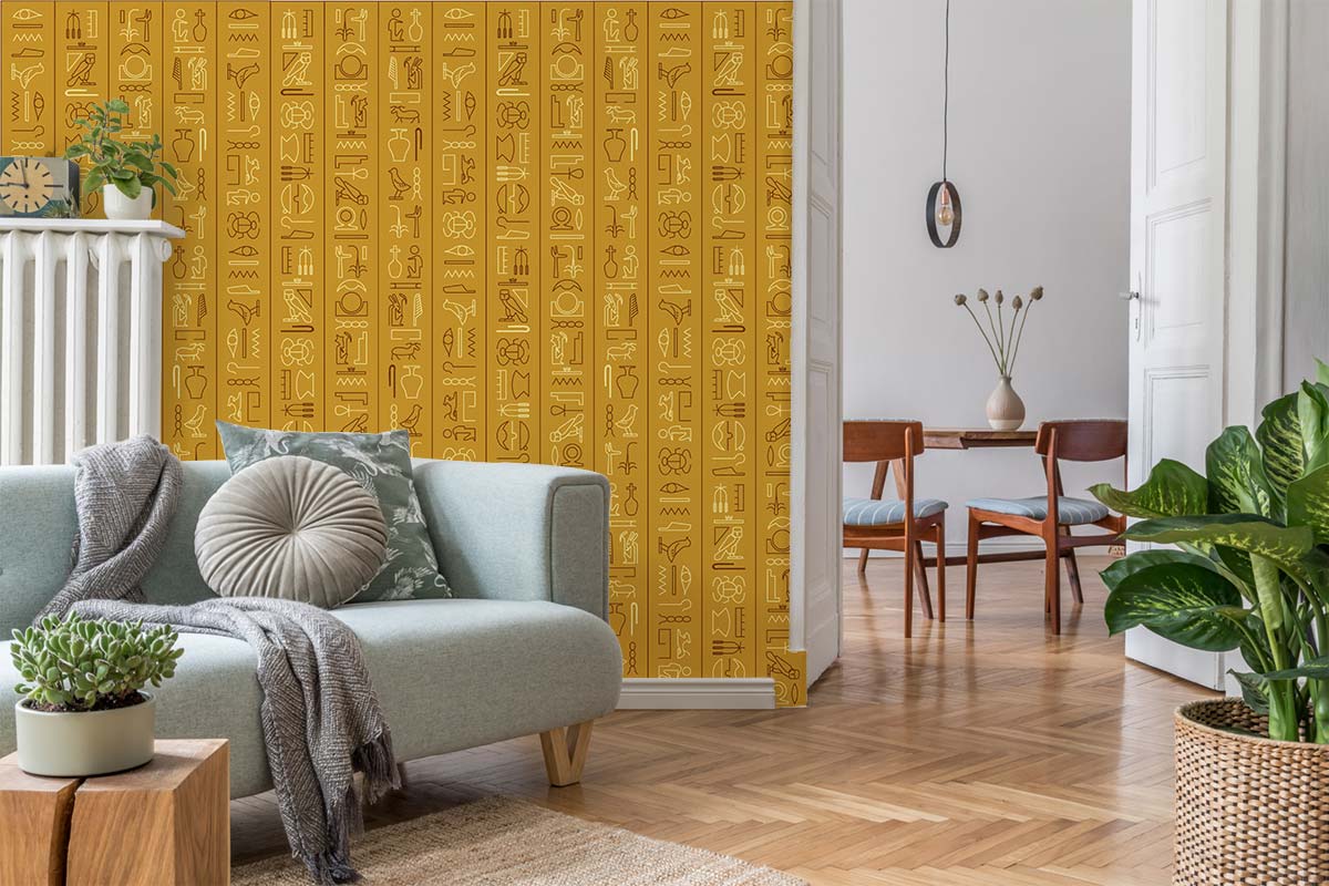 Papier peint mural avec canapé bleu clair, coussins et couverture pour salon moderne