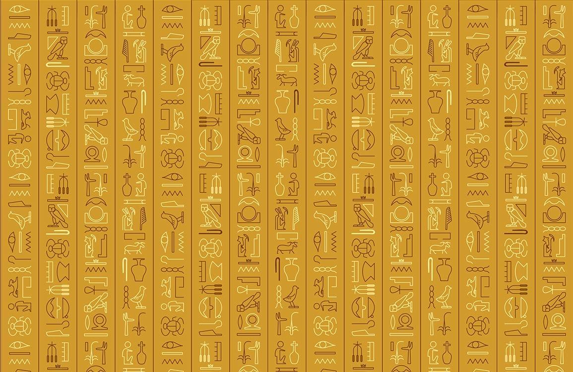 Papier peint mural avec motif hiéroglyphes égyptiens sur fond jaune or pour décoration intérieure