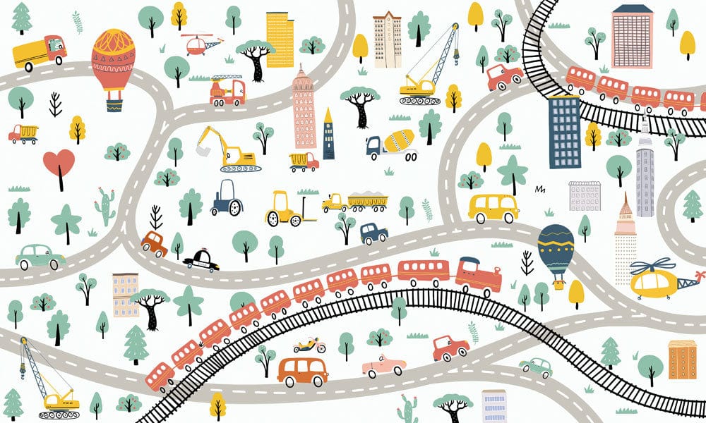 Papier peint mural illustré d’une carte urbaine colorée avec routes, trains et bâtiments