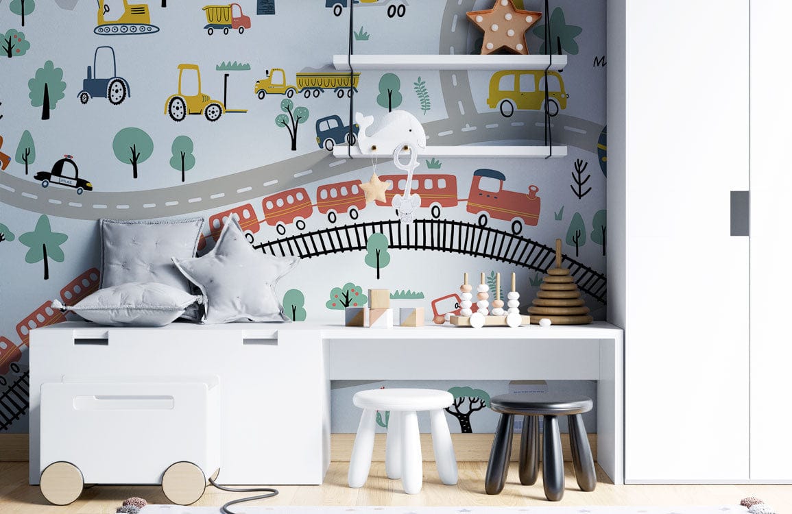 Papier peint mural de trafic urbain animé pour chambre d’enfants avec mobilier blanc