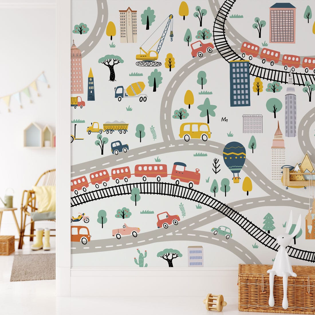 Papier peint mural pour enfants avec design de carte urbaine animée et ludique