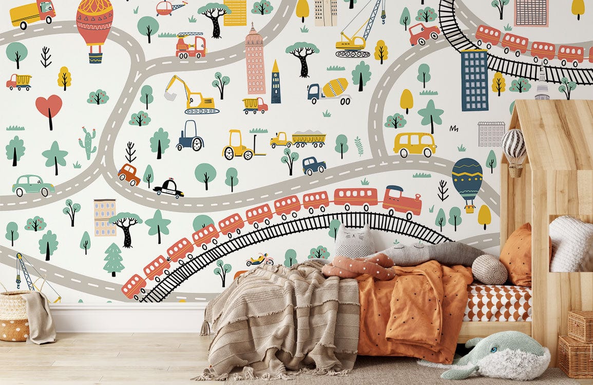 Papier peint mural enfant avec motif ville et routes pour chambre ludique et colorée